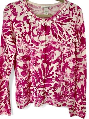 Susan Bristol Vintage Beaded Floral Cardigan Pink White Cotton Blend Knit M